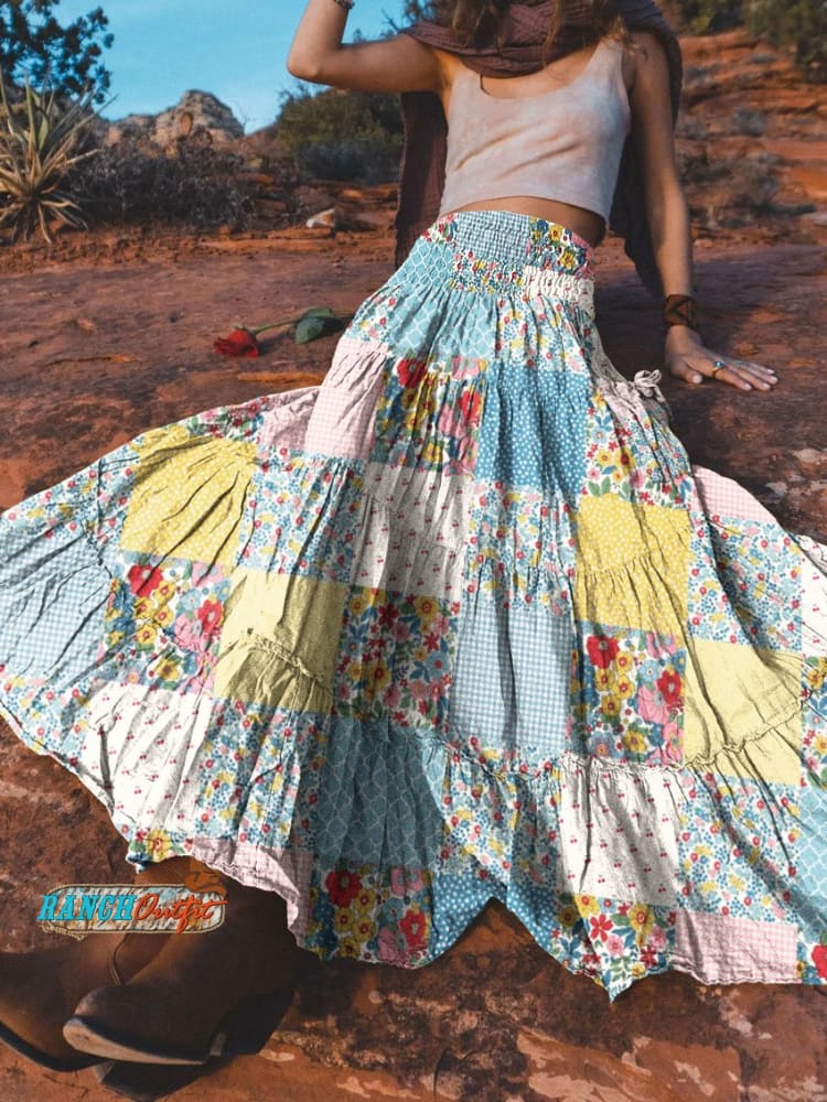 Women’s Vintage Multicolor Flowers Patterns Art Print Cotton Pocket Skirt Multicolor / S