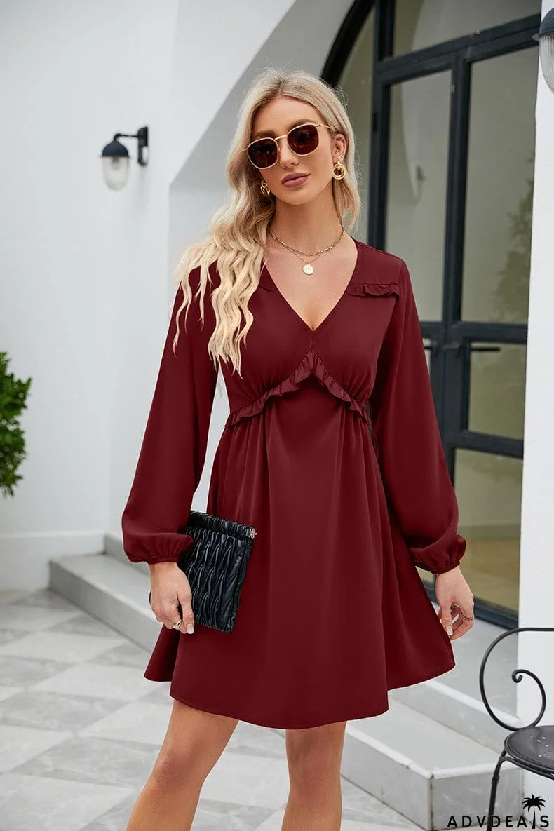 Frill Trim V-Neck Long Sleeve Dress
