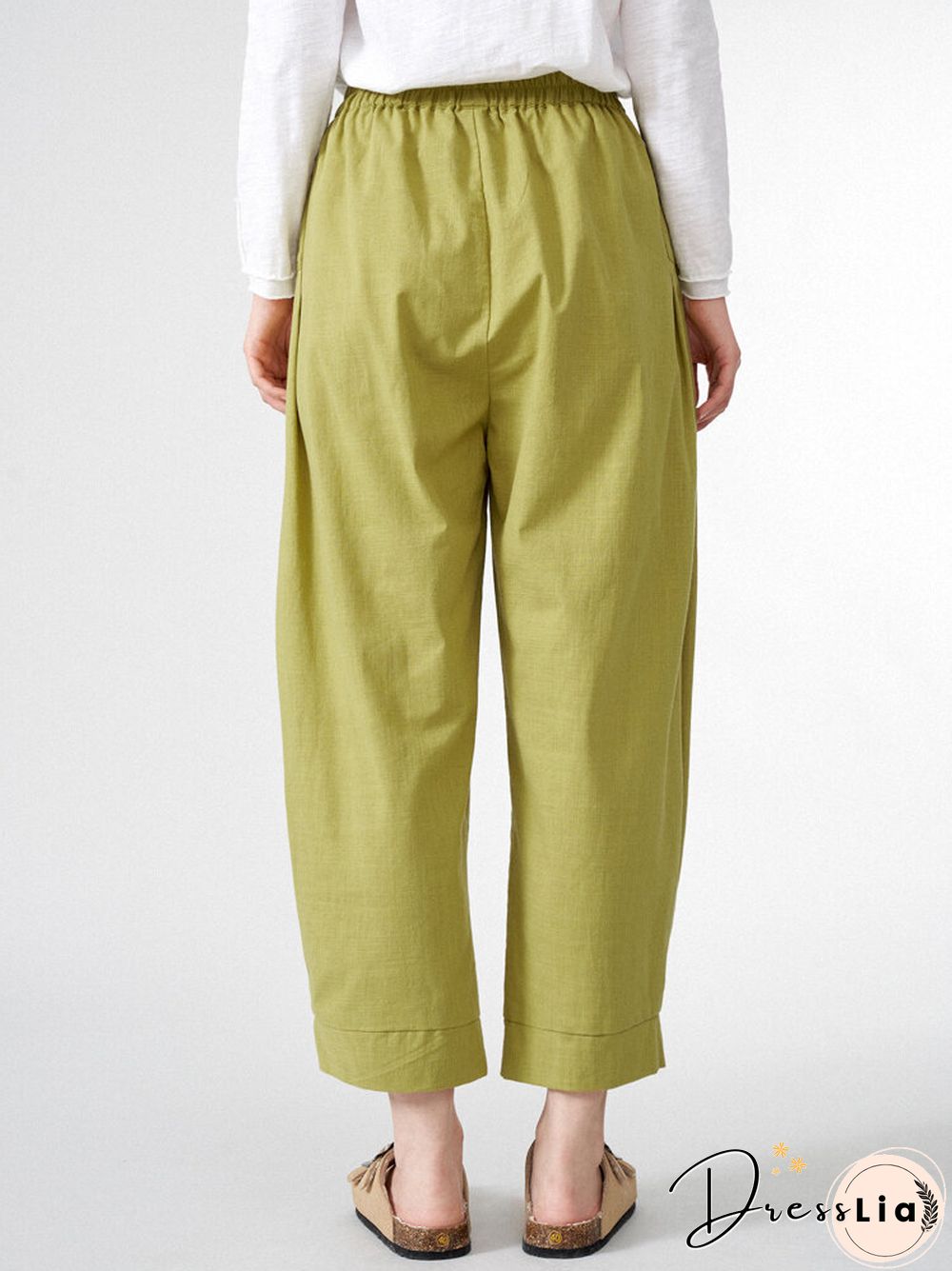 Women Solid Dual Pocket Elastic Waist Wide Leg Pants