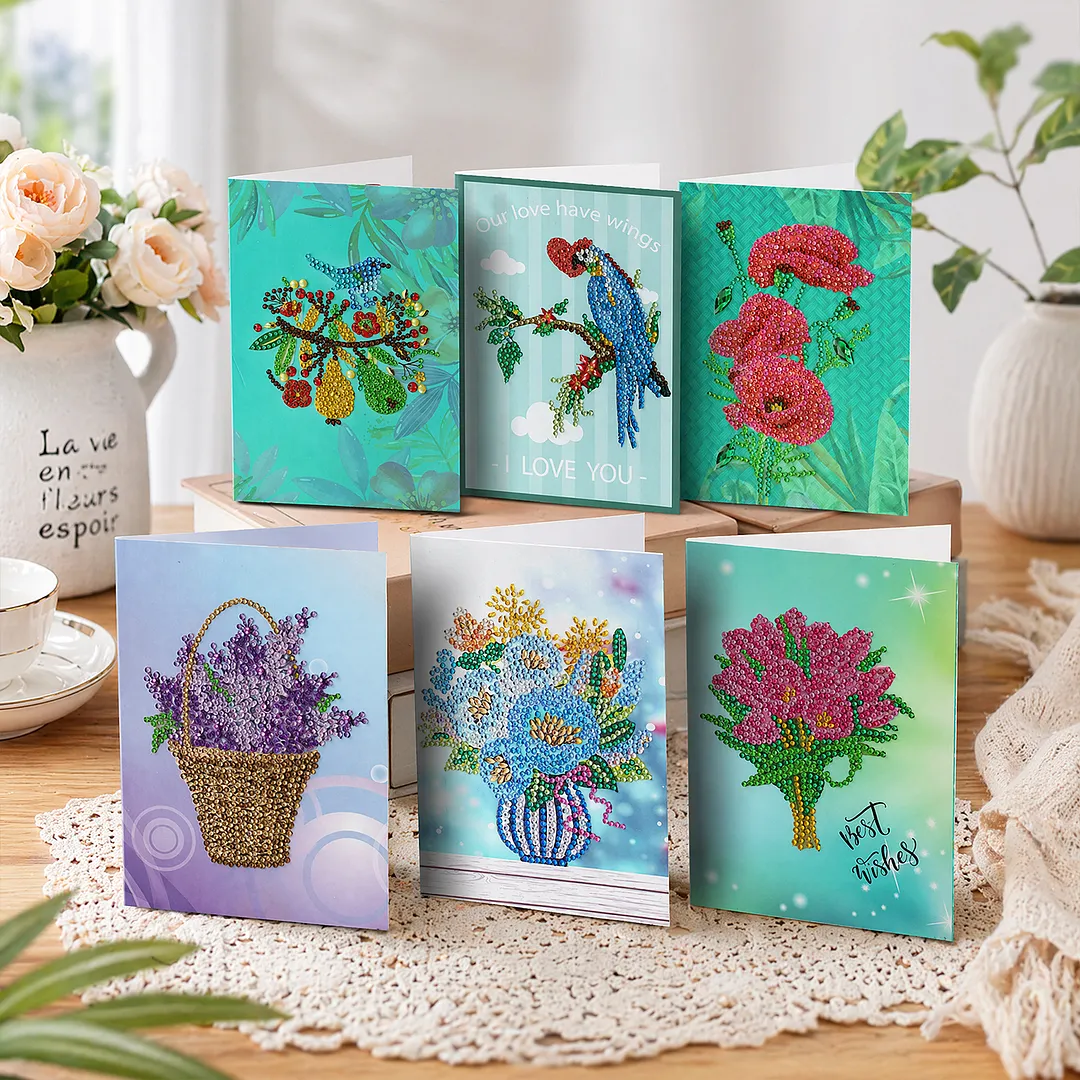 6pcs Flowers and Birds DIY Diamond Painting Greeting Card Kits with Envelopes Diamond Art Greeting Cards Diamond Art Cards Kits for Adults DIY Crafts Family Friend Gifts