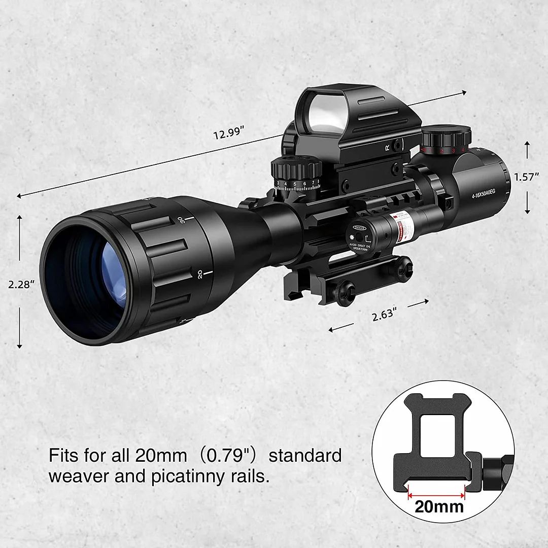 ohhunt® 4-16x50 AO Tactical Rifle Scope Dual Illuminated Optics & Illuminated Reflex Sight 4 Holographic Reticle Red/Green Dot Sight & IIIA/2MW Laser Sight
