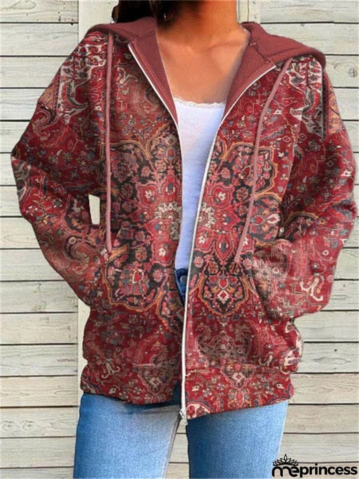 Women's Retro Print Long Sleeve Hoodies with Pockets