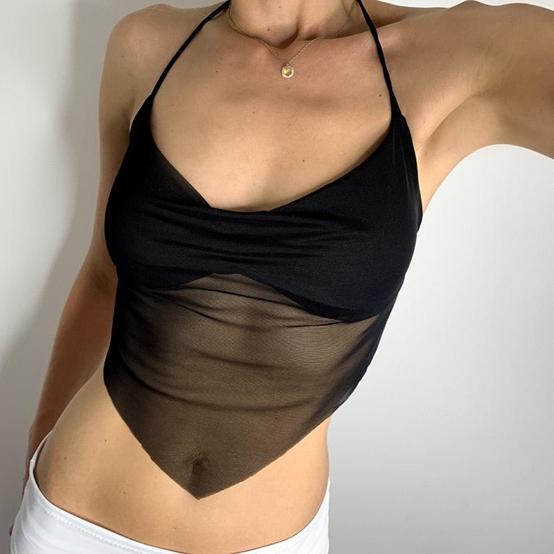 Sexy Transparent y2k Mesh Halter Tops Women V-neck Backless Korean Solid Crop Tops Fashion Korean Camisole 90s Tee