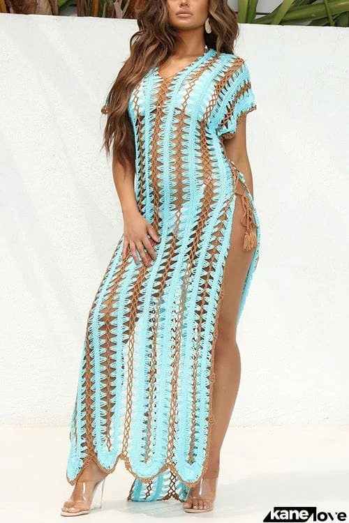 Stripe V Neck Side Slit Hollow Caftan Dress