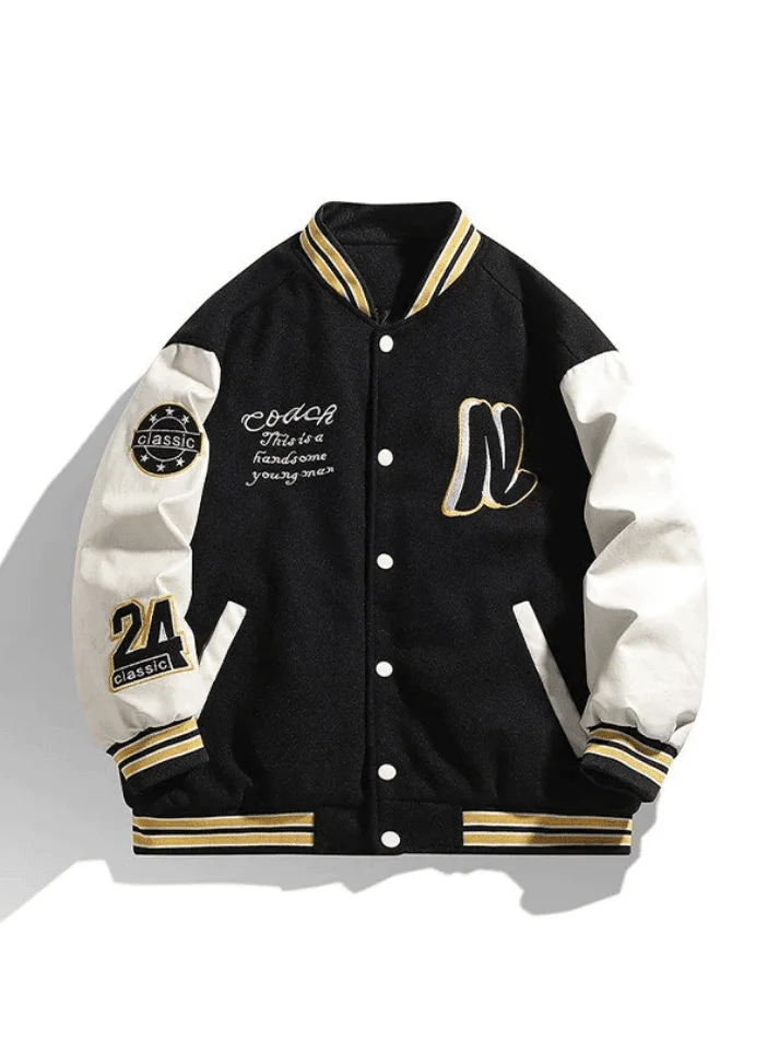 Brownm Men's Embroidery Button-Up Varsity Jacket