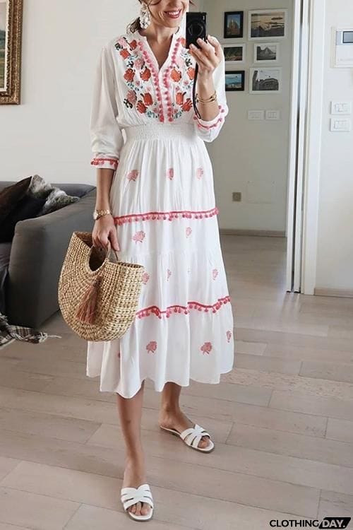 Embroidery Pom Pom Maxi Dress