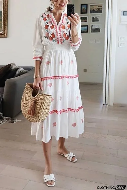 Embroidery Pom Pom Maxi Dress