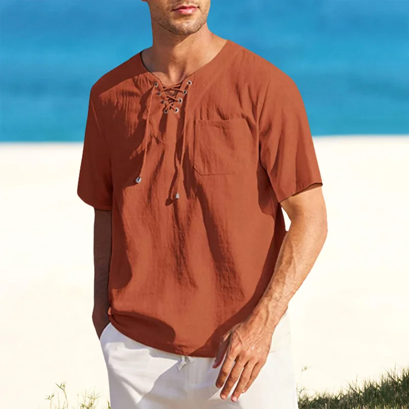 Men's Tie Pocket Loose V-Neck Solid Short Sleeve Shirt-inspireuse