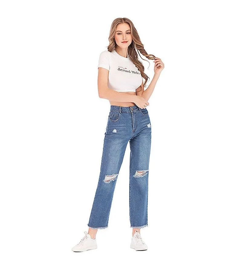Women Fashion Raw Hem Ripped Casual Denim Cropped Pants S-3XL