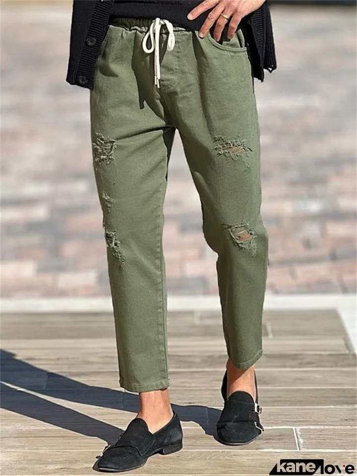 Street Ripped Army Green Drawstring Pants for Fashion Men