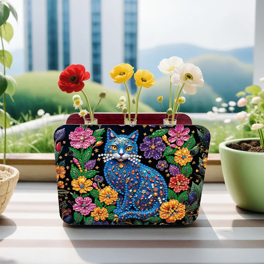 Cat DIY Flower Vase Wooden Double Sided Desktop Diamond Art Kit for Home Decor