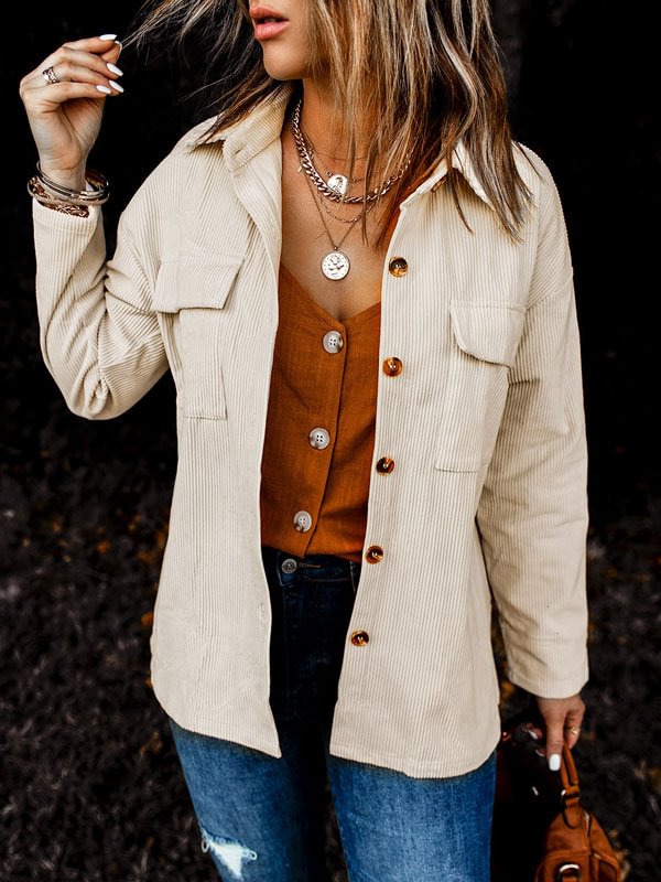 Beige Button Up Patch Pocket Corduroy Jacket for Women