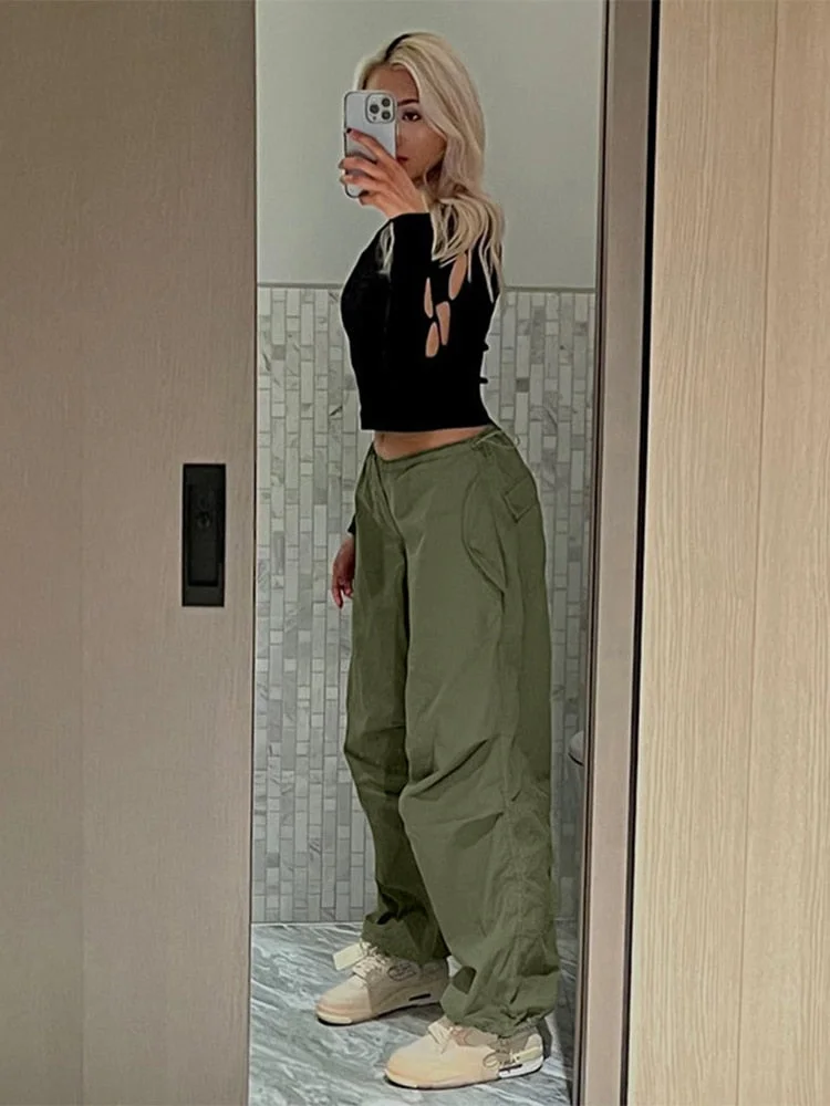 Jacqueline 2022 Drawstring Baggy Y2K Cargo Pants Women Low Waist Sweatpant Trousers Vintage Street Pockets Wide Leg Joggers Pant