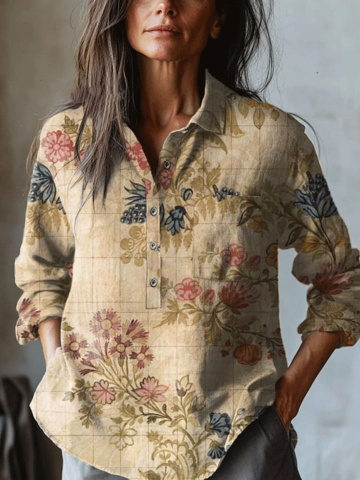 Women's   Flowers  Art Print Casual Cotton And Linen Shirt