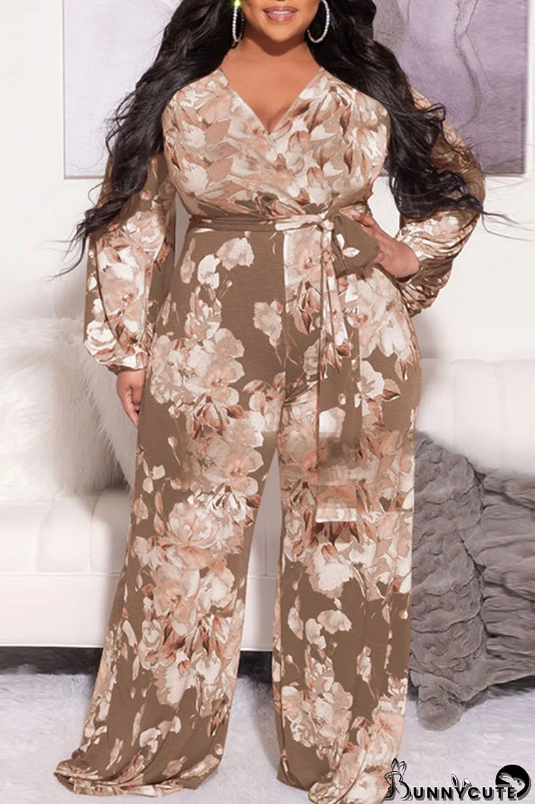 Coffee Casual Print Bandage Patchwork V Neck Plus Size Jumpsuits