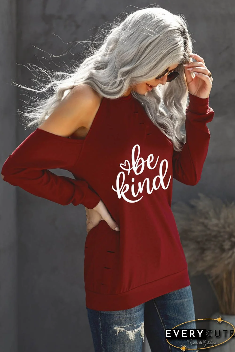Valentine Be Kind Heart Print Ripped Cold Shoulder Top