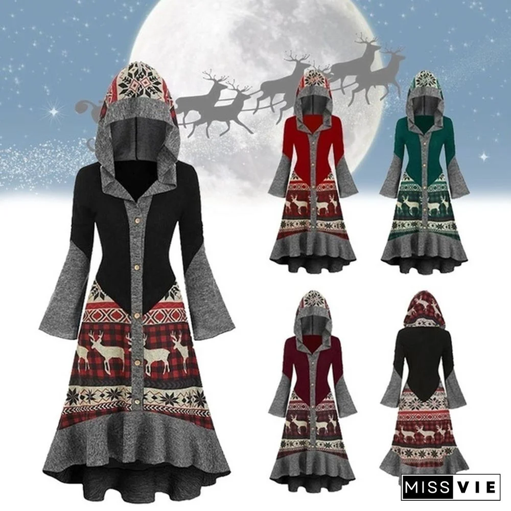 Womens Fashion Christmas Elk Printing Dress Long Section Hooded Ruffled Hem Cloak Knitted Dress Plus Size XS-5XL