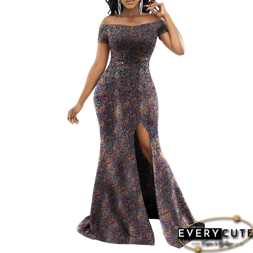Multicolor BlingBling Off Shoulder Split Evening Dress