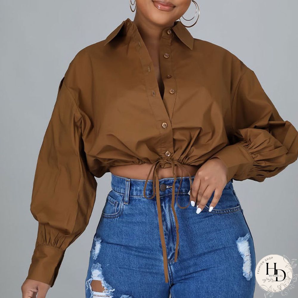 Coffee Casual Solid Split Joint Frenulum Buckle Turndown Collar Tops