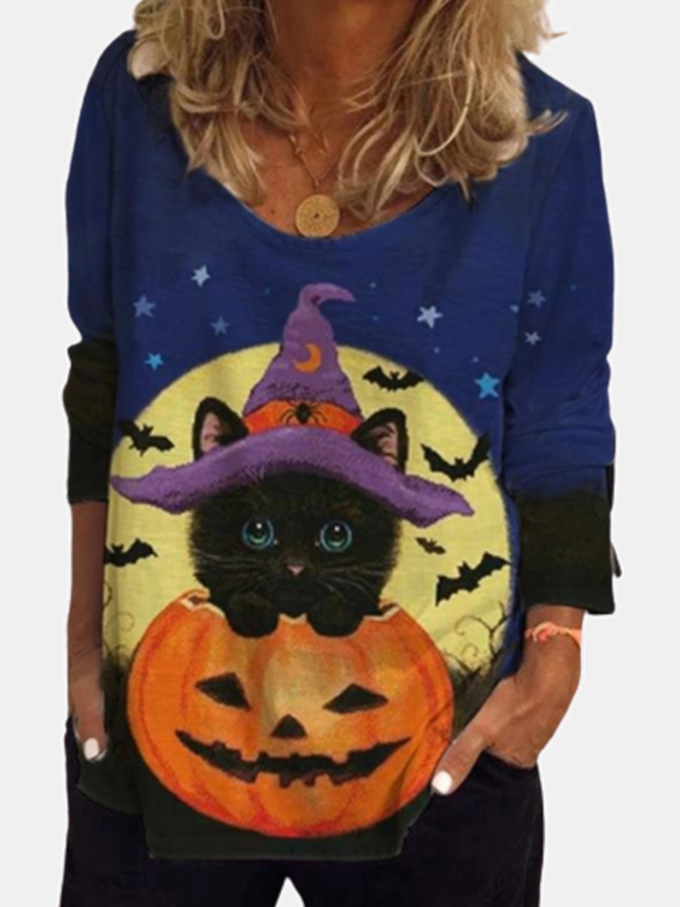 Halloween Cartoon Cat Print Long Sleeve Blouse For Women P1735684