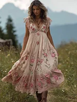 Vintage Boho Pink Roses Embroidered Lace Trim Flowy Linen Maxi Dress