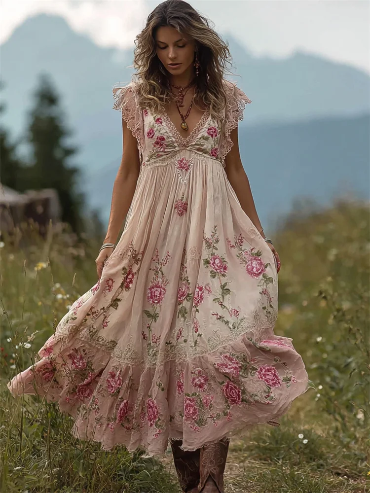Vintage Boho Pink Roses Embroidered Lace Trim Flowy Linen Maxi Dress