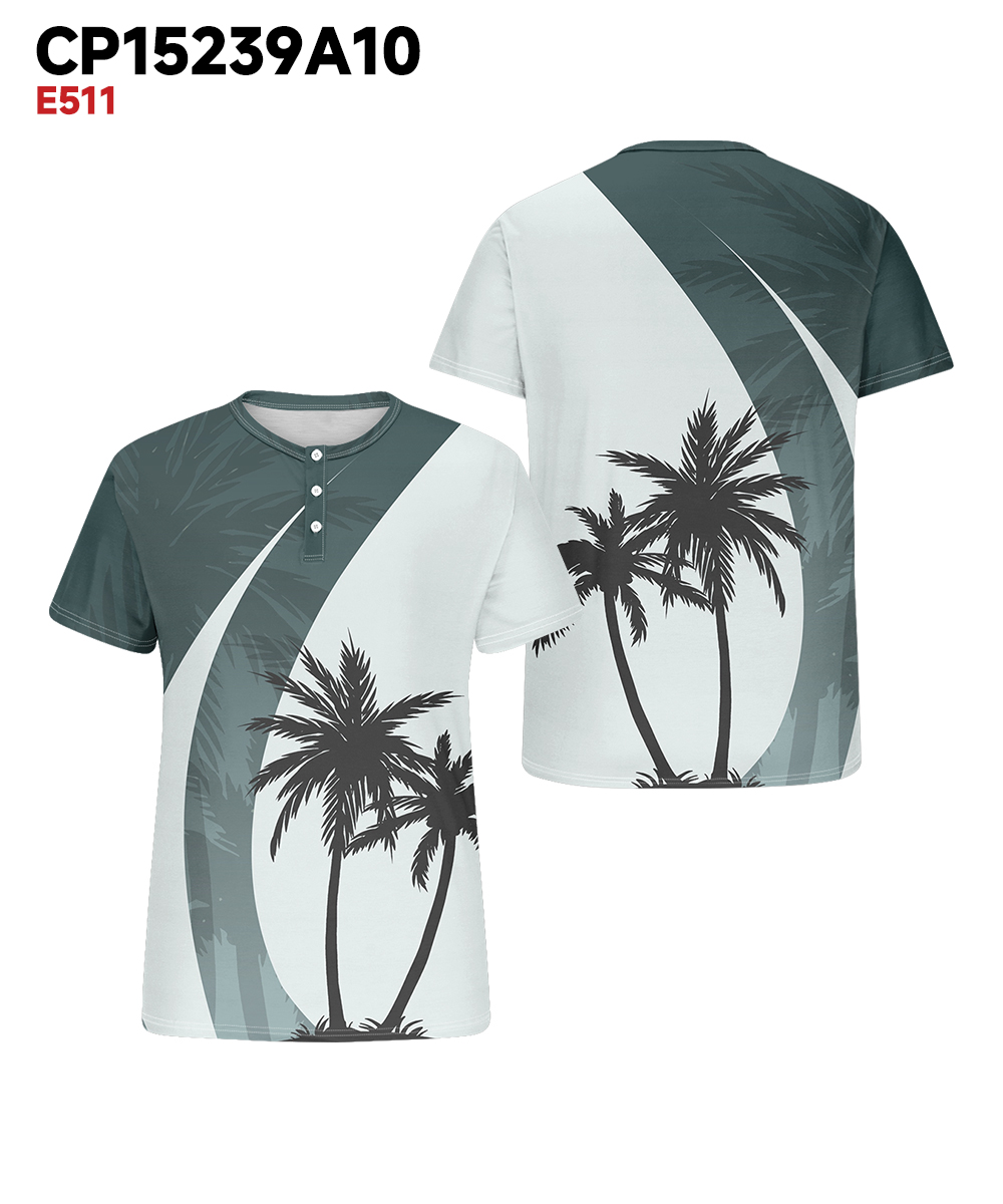 Men's Plus Size Daily Casual Green Colorblock Coconut Tree Print Henry Collar Button Short Sleeve T-Shirt