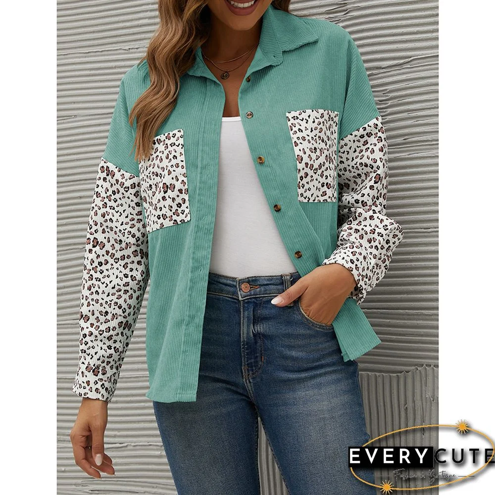 Green Contrast Leopard Corduroy Button Down Shirt