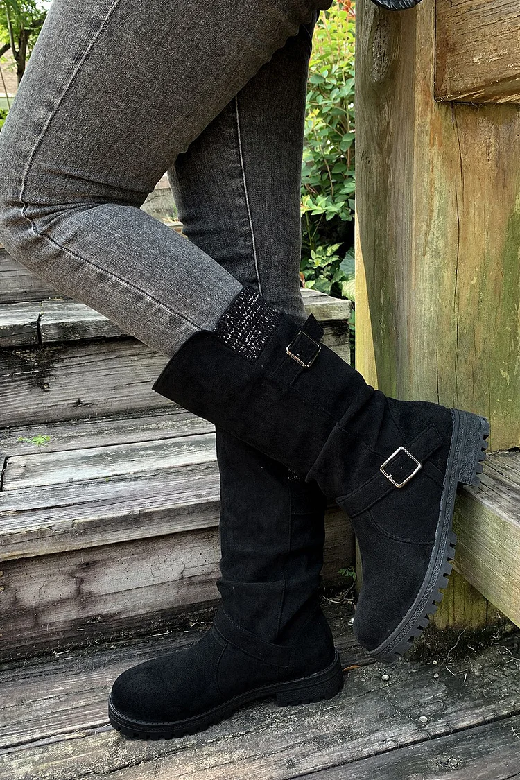 Retro Solid Color Round Toe Thick Heel Belt Buckle Suede Boots 2024 - Xpluswear