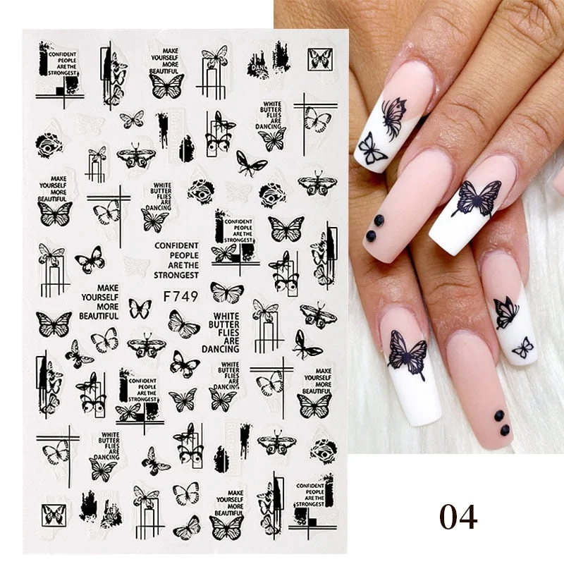 1PC Black And White Butterfly Pattern 3D Nails Sticker Flower Geometrics Lines Decals Slider For Nails DIY Decorations Manicures