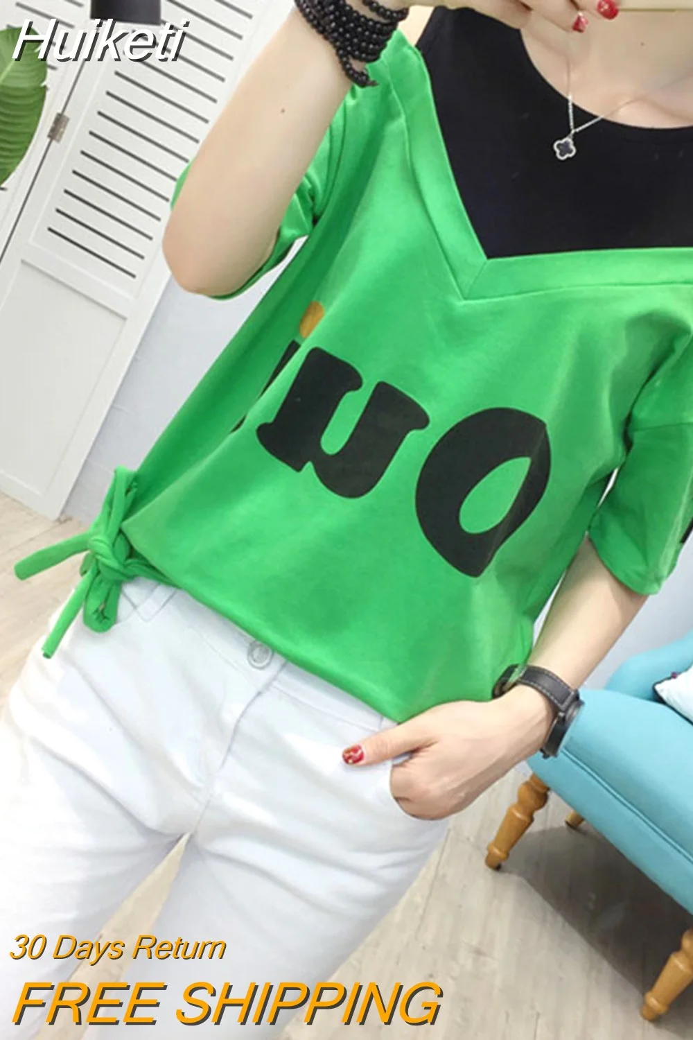 Huiketi Summer Korean Short-sleeved T-shirt Women's O- Neck Cotton T-shirt Fake Two-piece Loose Letter Shoulder Drop Strap Top
