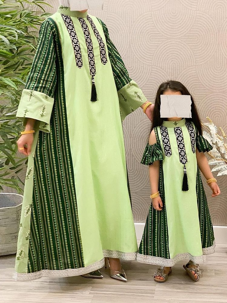 Mock neck women green pattern dress فساتين