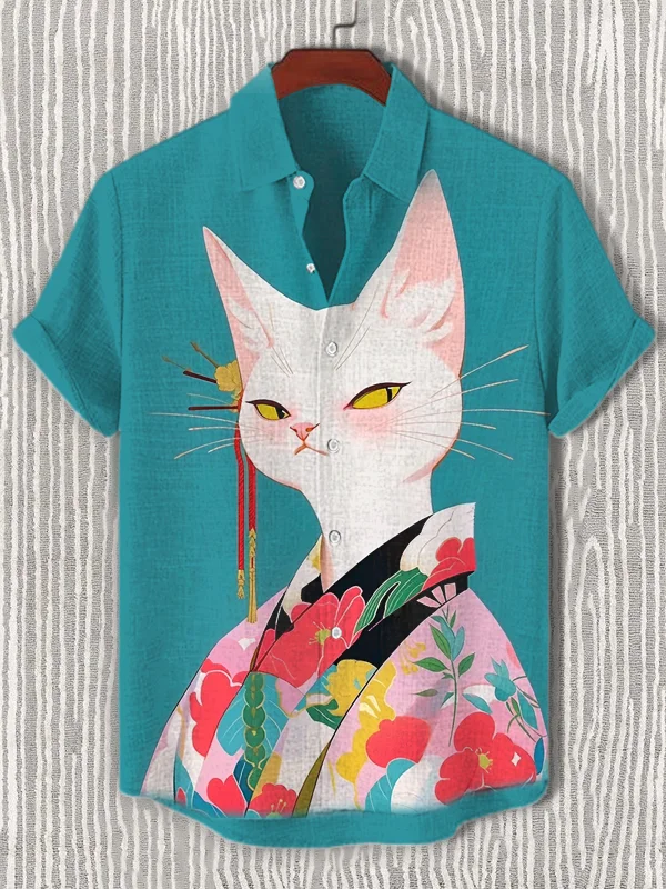 Men's Elegant Cat Wearing Kimono Print Short Sleeve Shirt