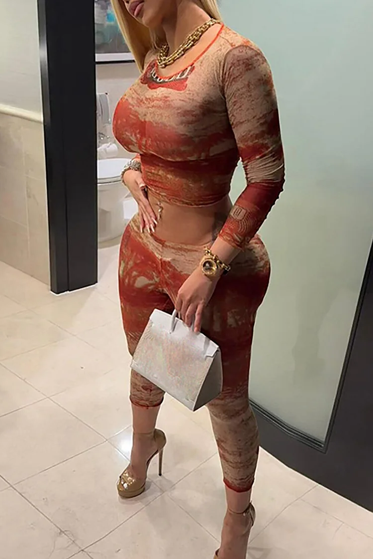 Pattern Print Long Sleeve Crop Top Slim Fit Pants 2pcs Set-OrangeRed