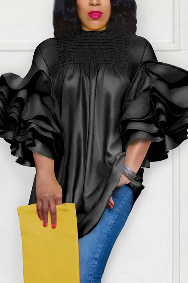 Plus Size Daily Black Spring Summer Mock Neck Flare 3/4 Sleeve Flounce Ruffle Blouses [Pre-Order]