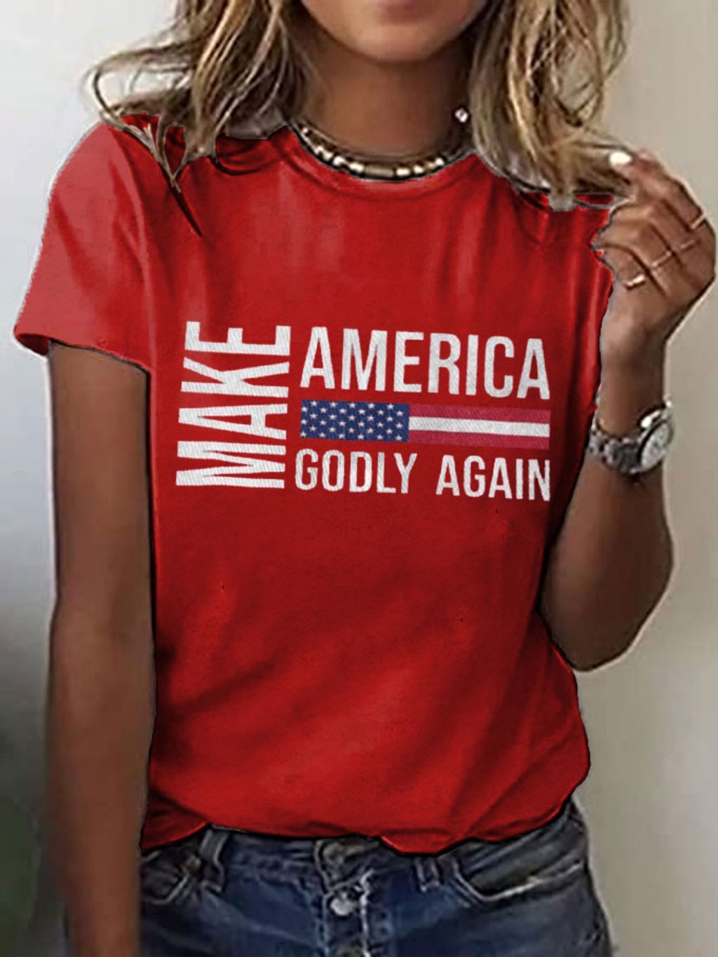 Women's Jesus Make America Godly Again MAGA Print T-Shirt
