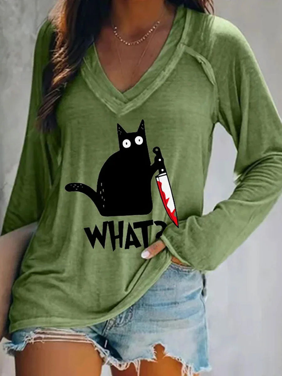 Halloween Fun Black Cat Print Double Layer V-Neck Long Sleeve T-Shirt