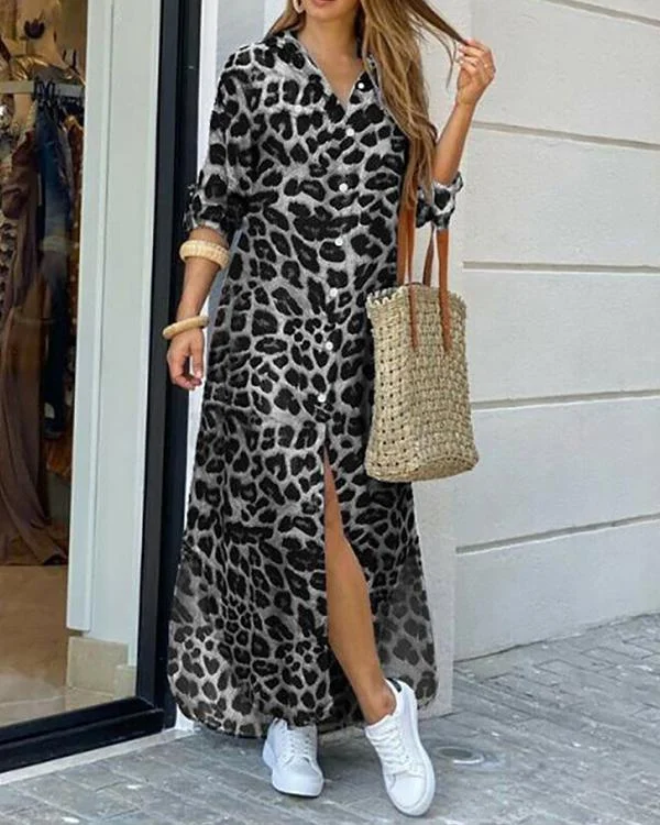 casual leopard camo print button pockets shirt dress p512399