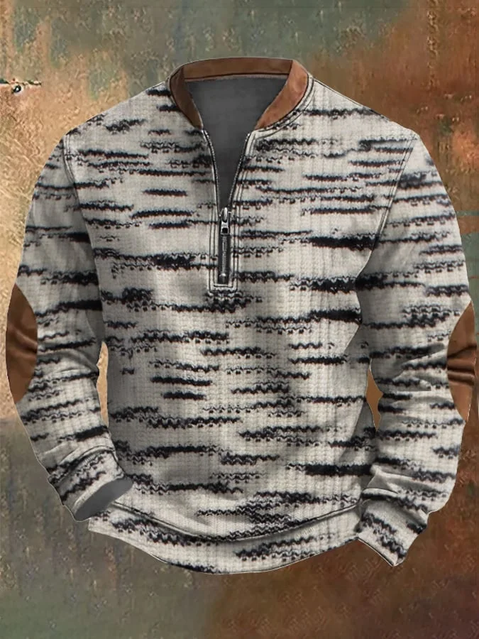 Men'S Retro Print Casual Zip Sweater