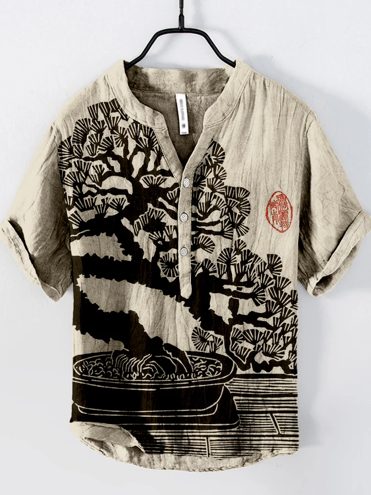 Bonsai Tree Japanese Lino Art Linen Blend Shirt