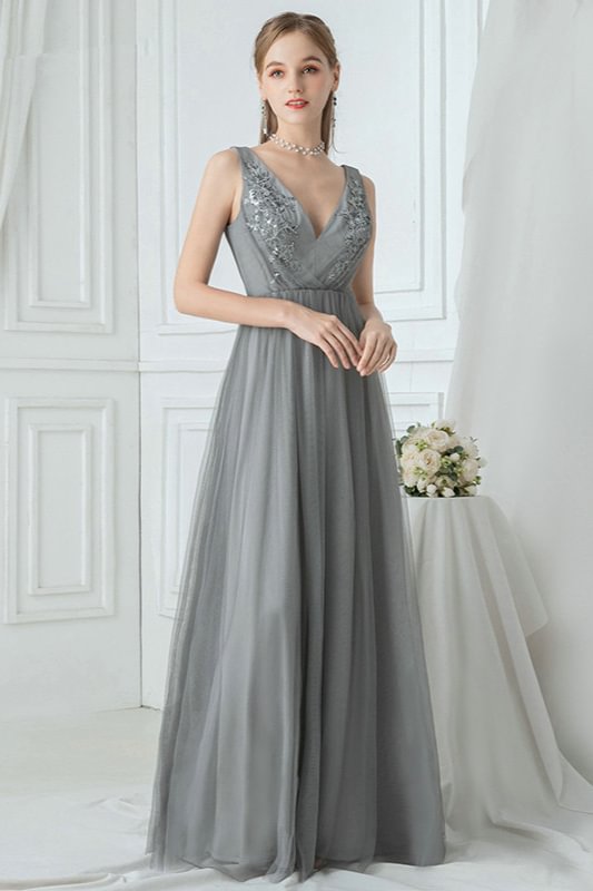 Grey V-Neck Sleeveless Prom Dress Long Tulle With Appliques - lulusllly