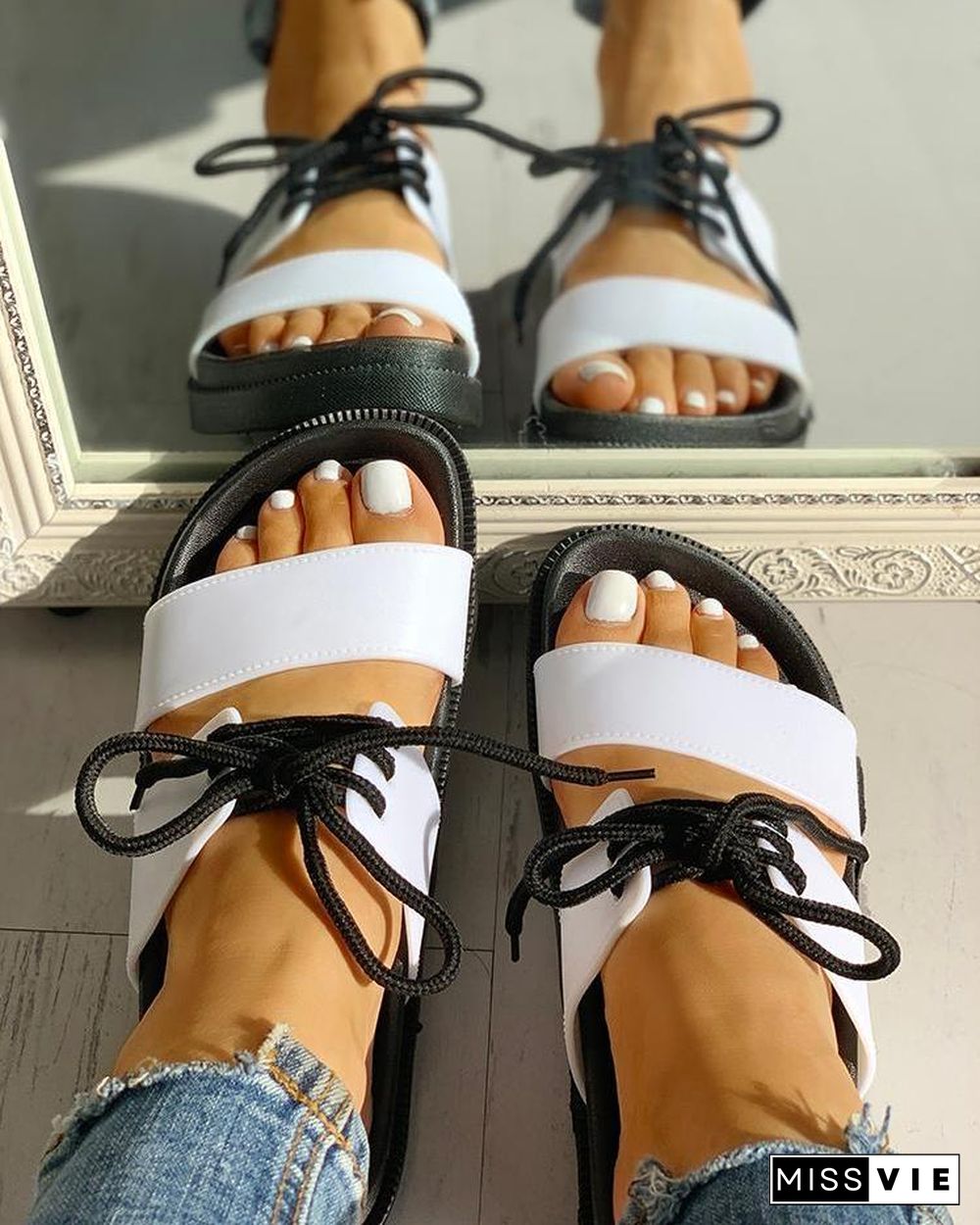 Lace-Up Double Strap Open Toe Flat Sandals