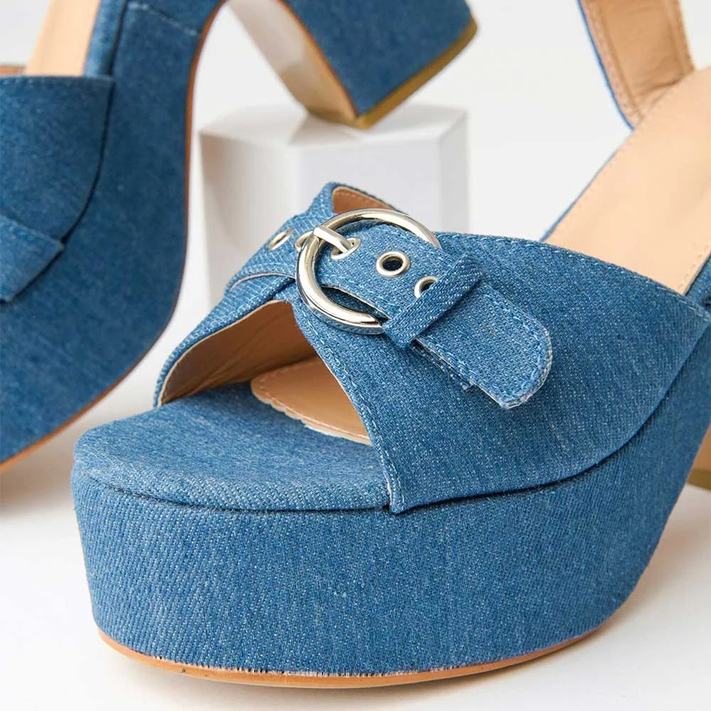Blue Denim Round Toe Chunky Heel Ankle Strap Sandals with Platform