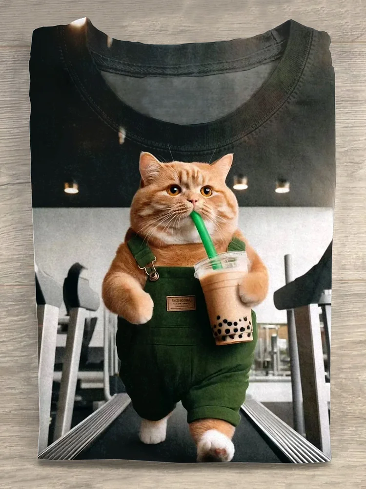 Teecade Teecade Vintage Funny Cute Milk Tea Cat Art Print T-shirt