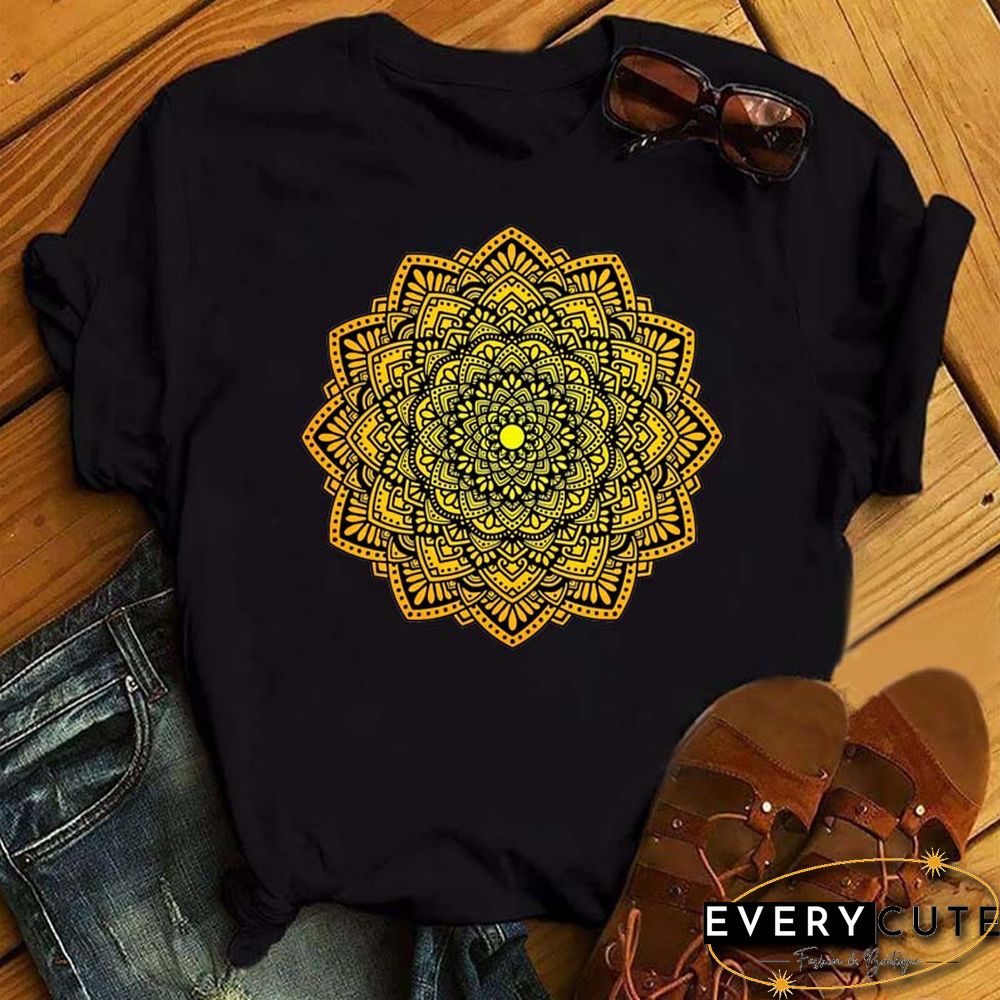 Maycaur New Mandala Floral Printed T Shirt Women Casual Fashion T-shirt Loose Short Sleeve 90s Girls Aesthetics Black Tshirt Top