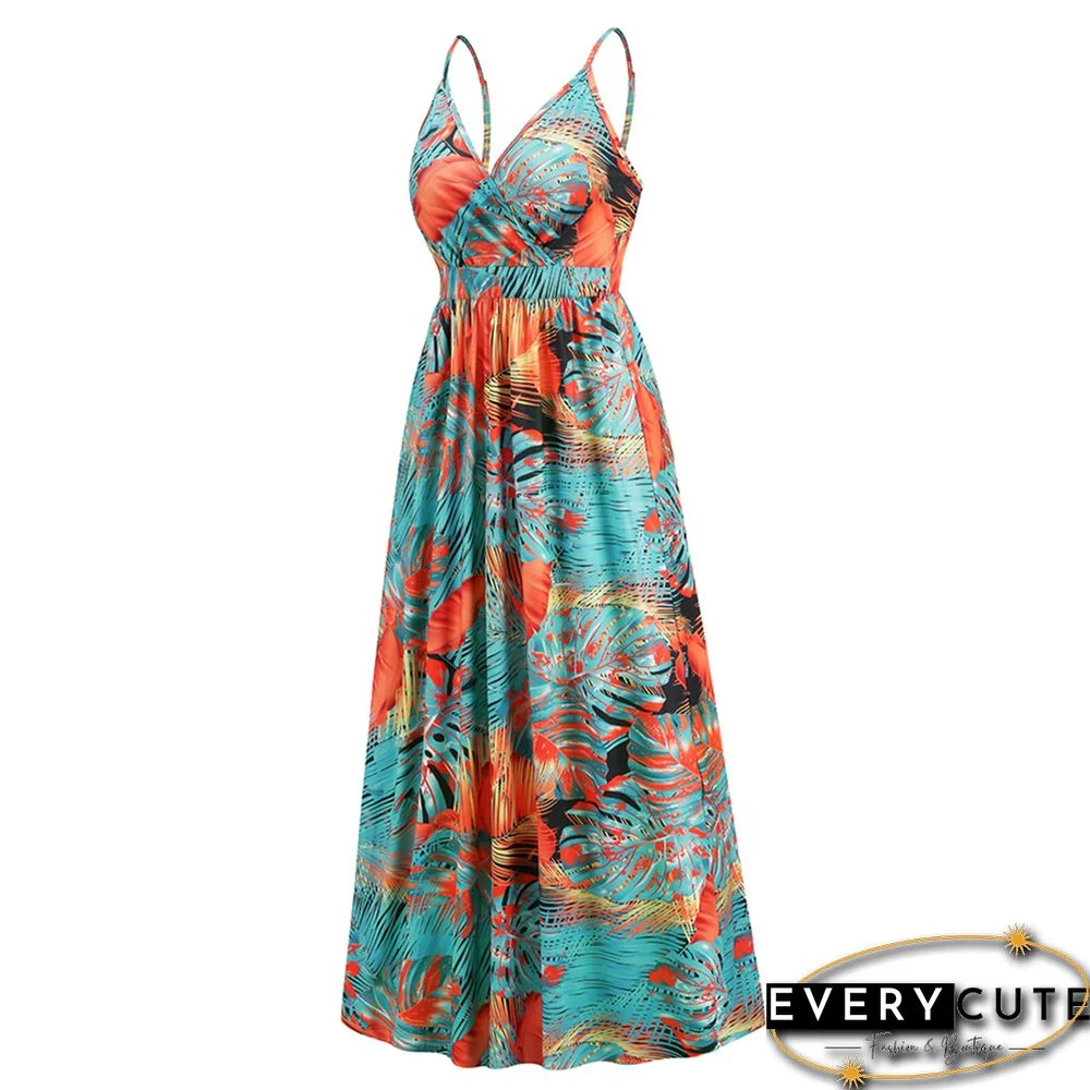 Orange Bohemia Print V Neck Maxi Dress