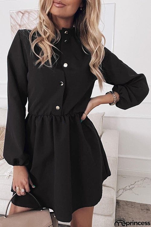 Button Hgih Collar Long Sleeve Mini Dress