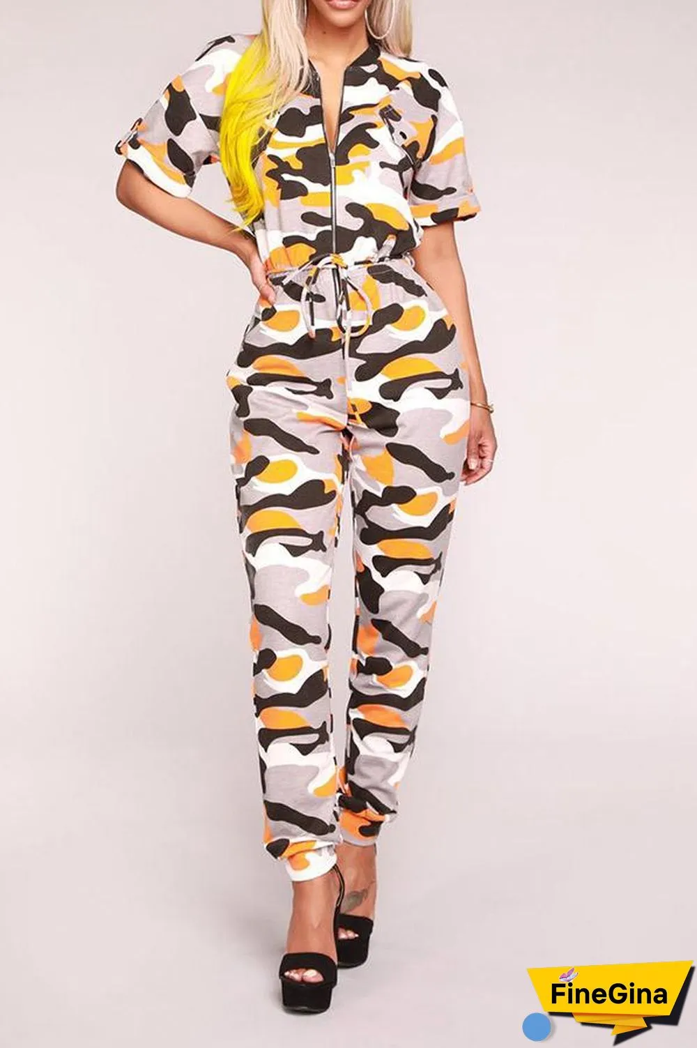 Camouflage Printed Short Sleeve Zipper Jumpsuit