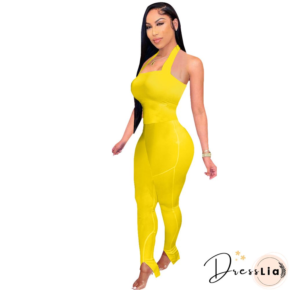 Women Solid Color Sportswear Sleeveless Halter Bodycon Jumpsuits