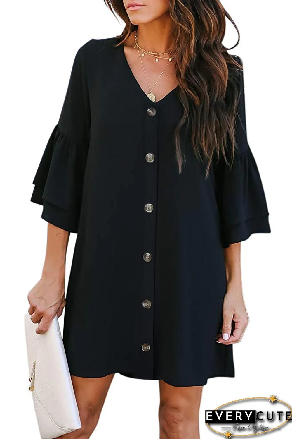 Black V Neck Buttoned Bell Sleeve Shift Shirt Dress